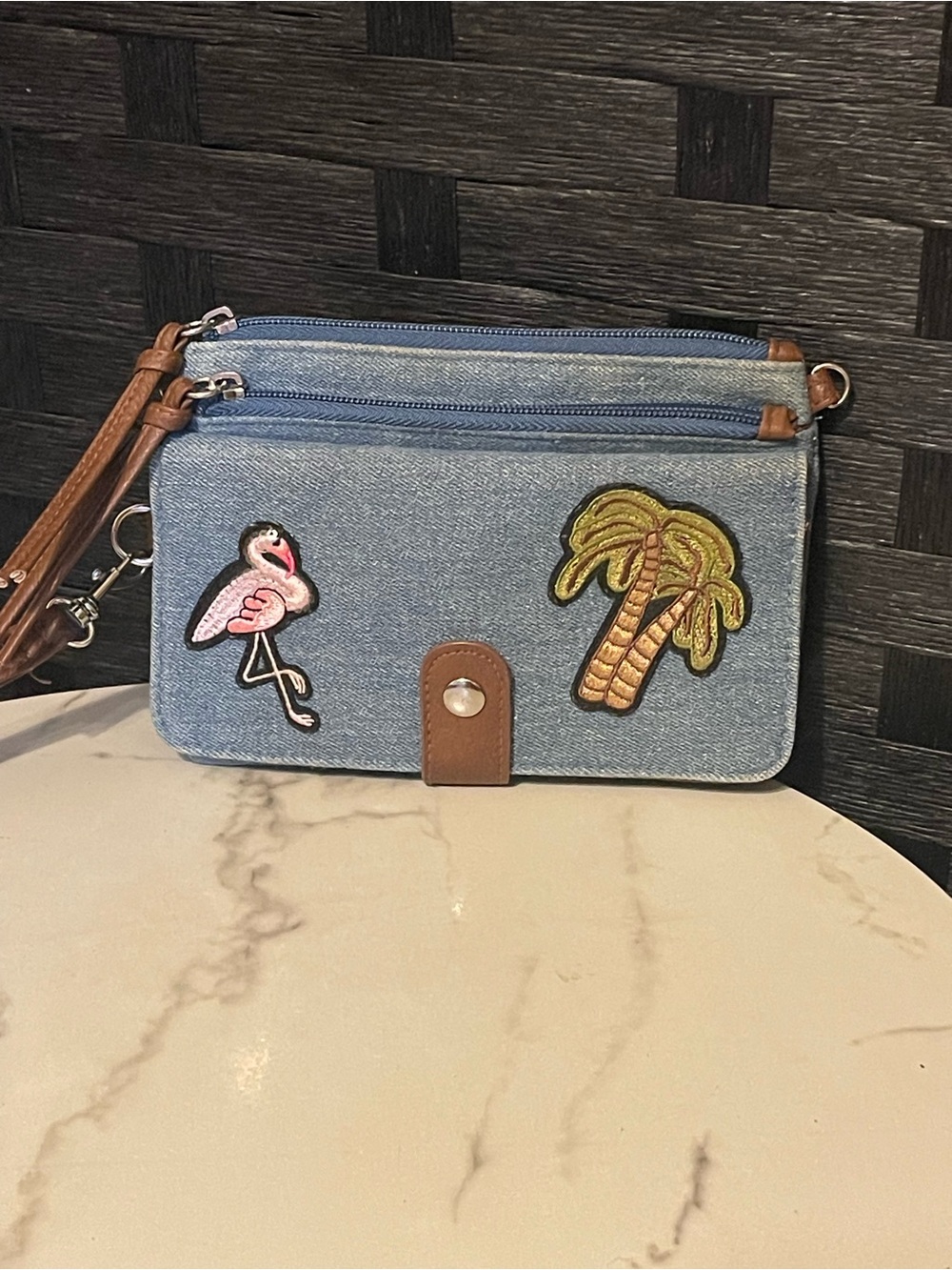 Vtg 1990's DENIM CLUTCH BAG BEACH THEME UNBRANDED FLAMINGO/PALM TREE